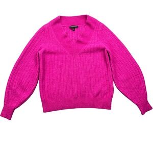 Banana Republic Wool Blend V-Neck Sweater Ribbed Knit Pink Small Boho Puff Sleev